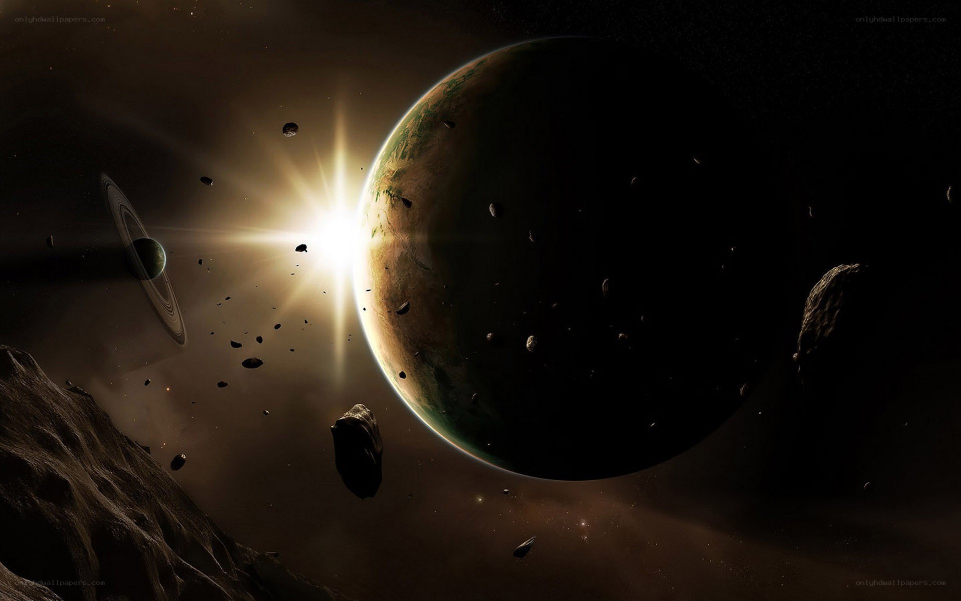 space planet asteroid field