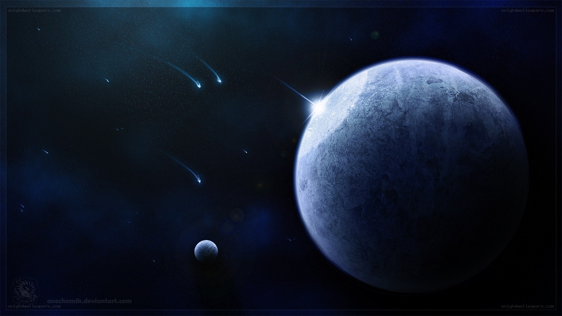 Space planet with meteor shower