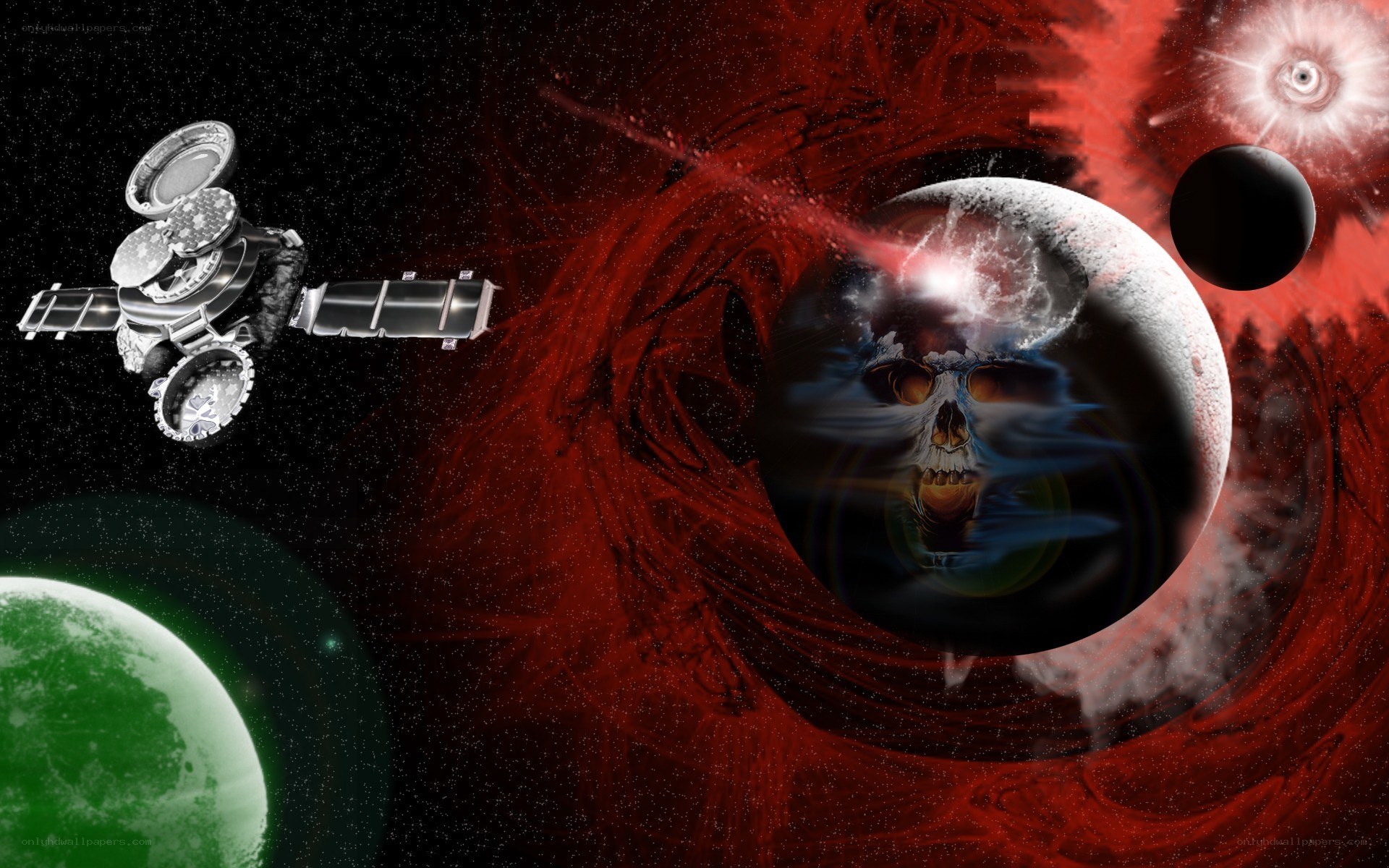 space satellite near skull planet