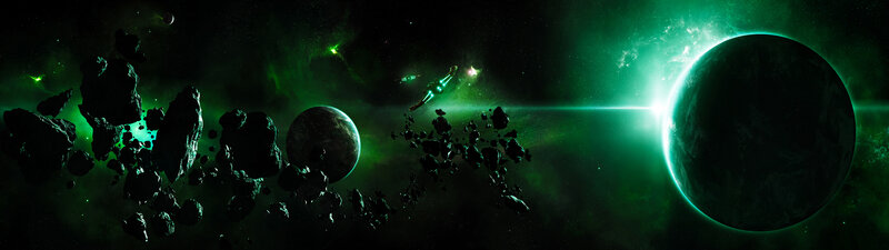 Space scene with asteroids and planets