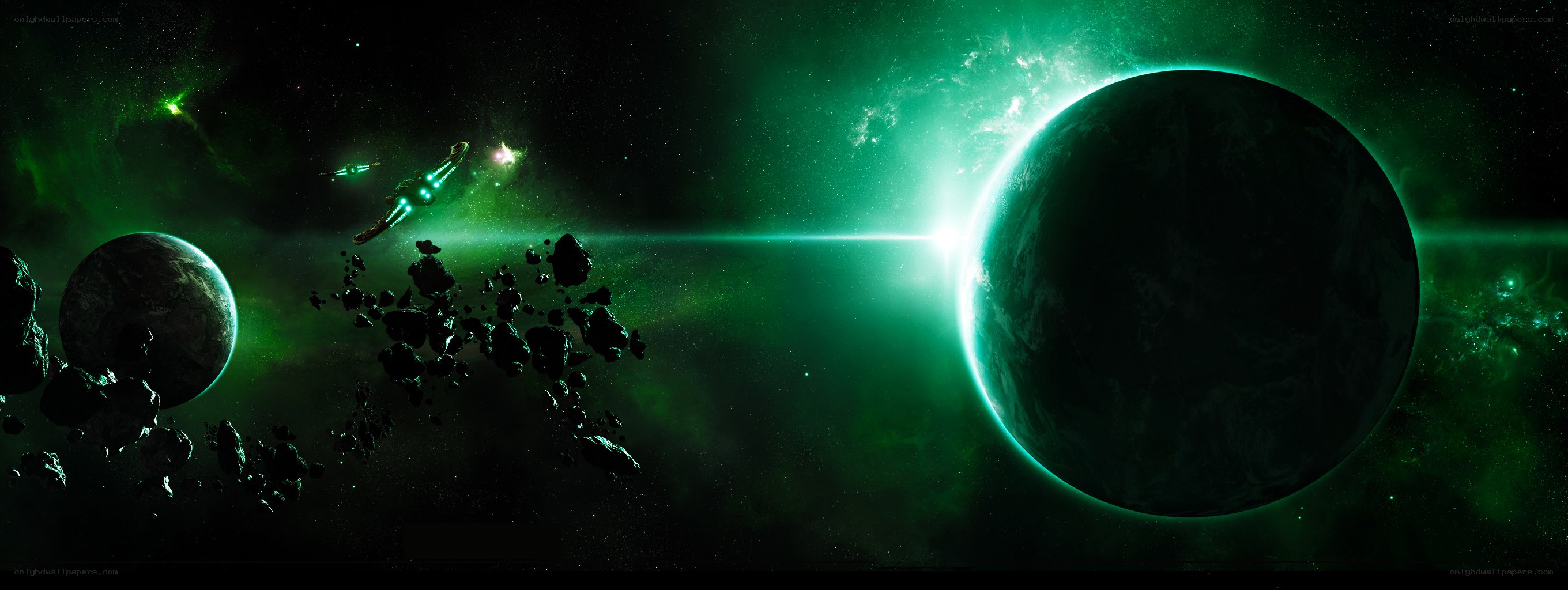 space scene with green nebula