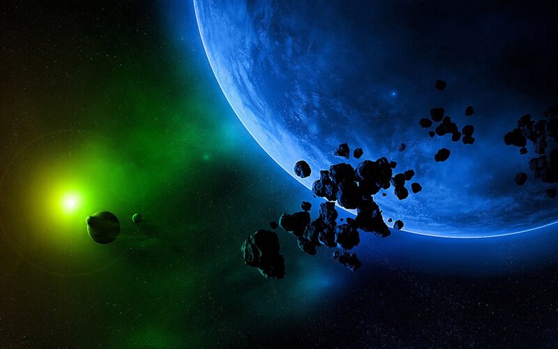 Space scene with planet and asteroids