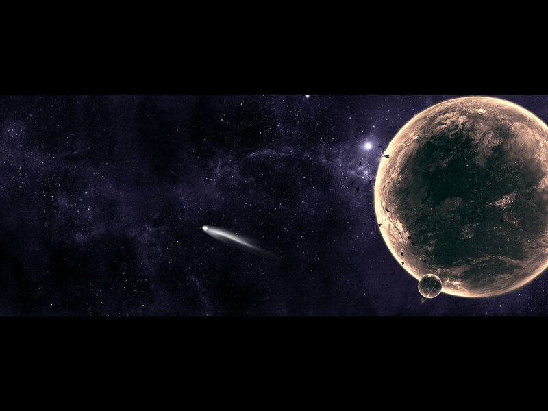 Space scene with planet and comet