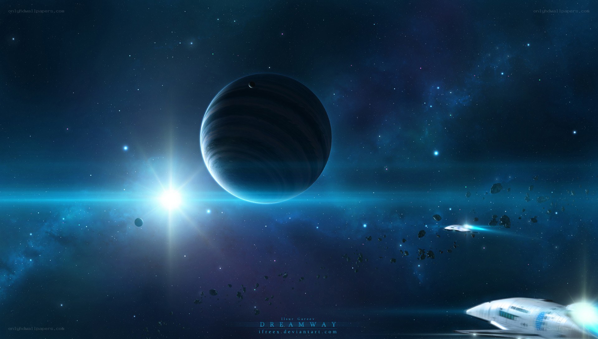 space scene with planet and ship