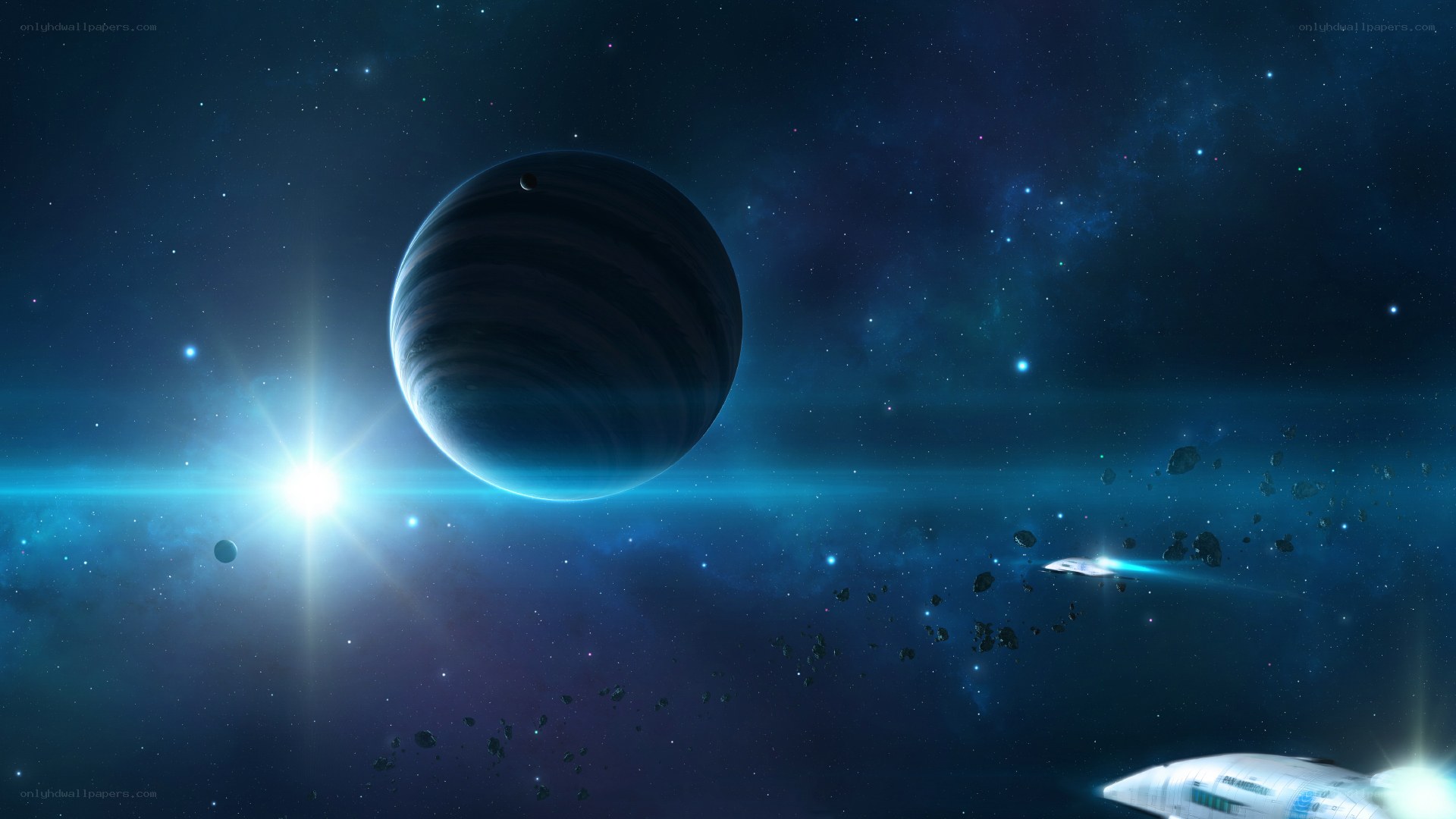 Space scene with planet and ship