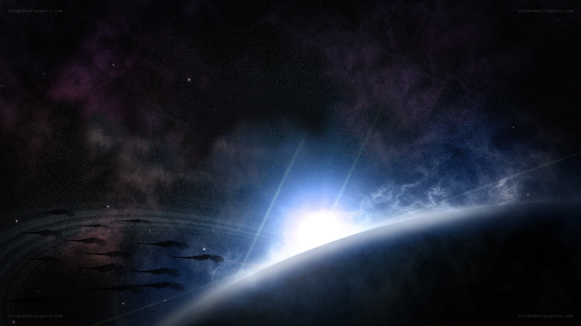 space scene with planet and ships