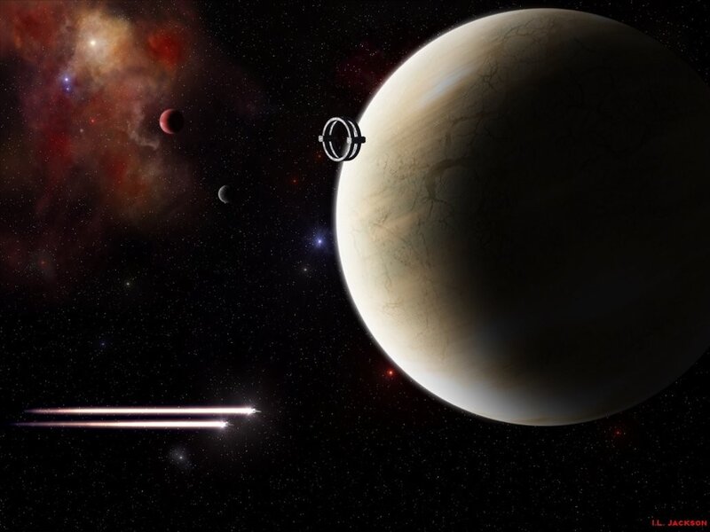 Space scene with planet and spacecraft