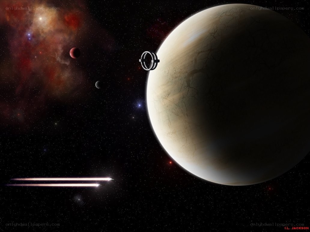 Space scene with planet and spacecraft