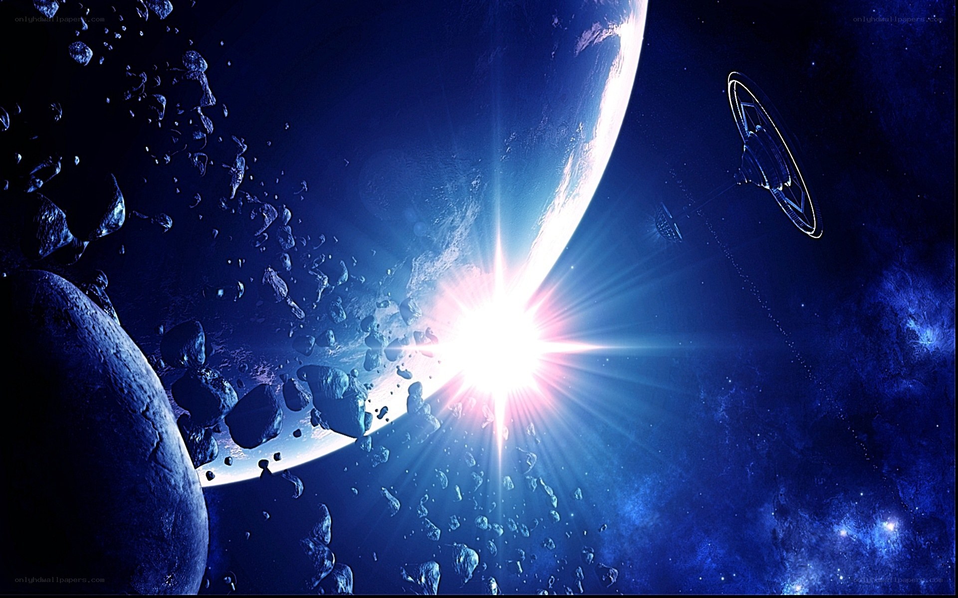 space scene with planet and spaceship