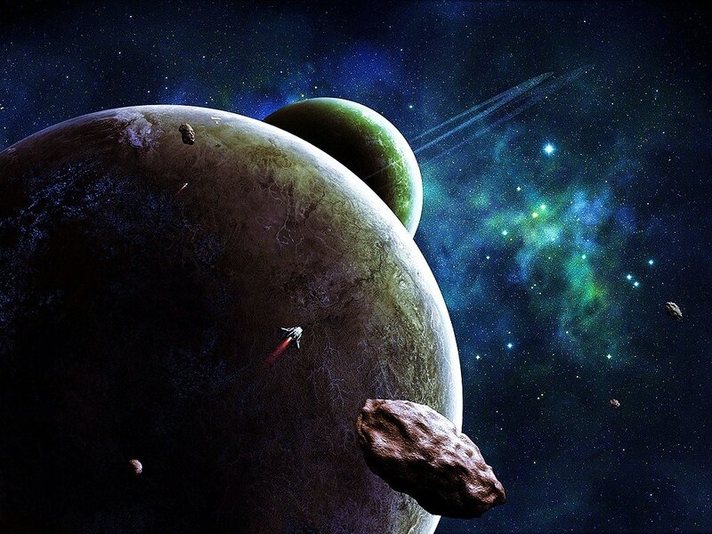 Space scene with planets and asteroids