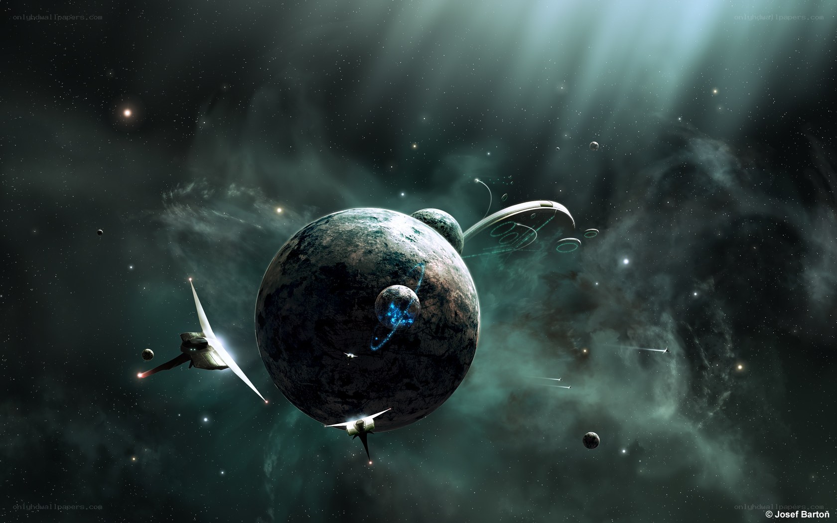 Space scene with planets and ships