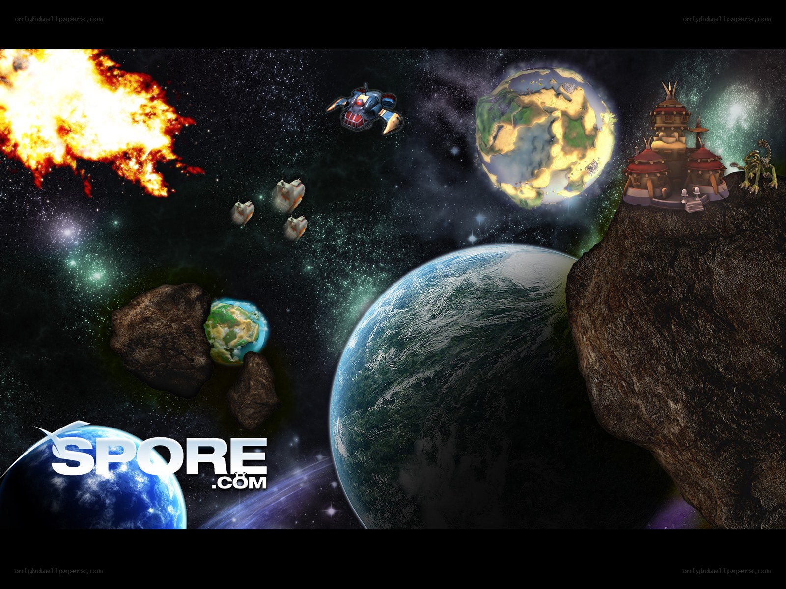 Space scene with planets and spaceship
