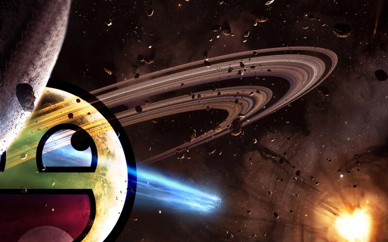space scene with rings and comet