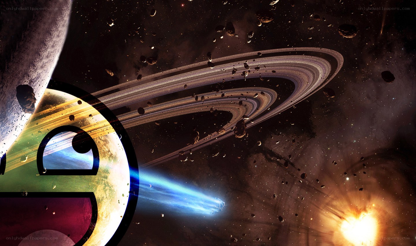 space scene with rings and planet