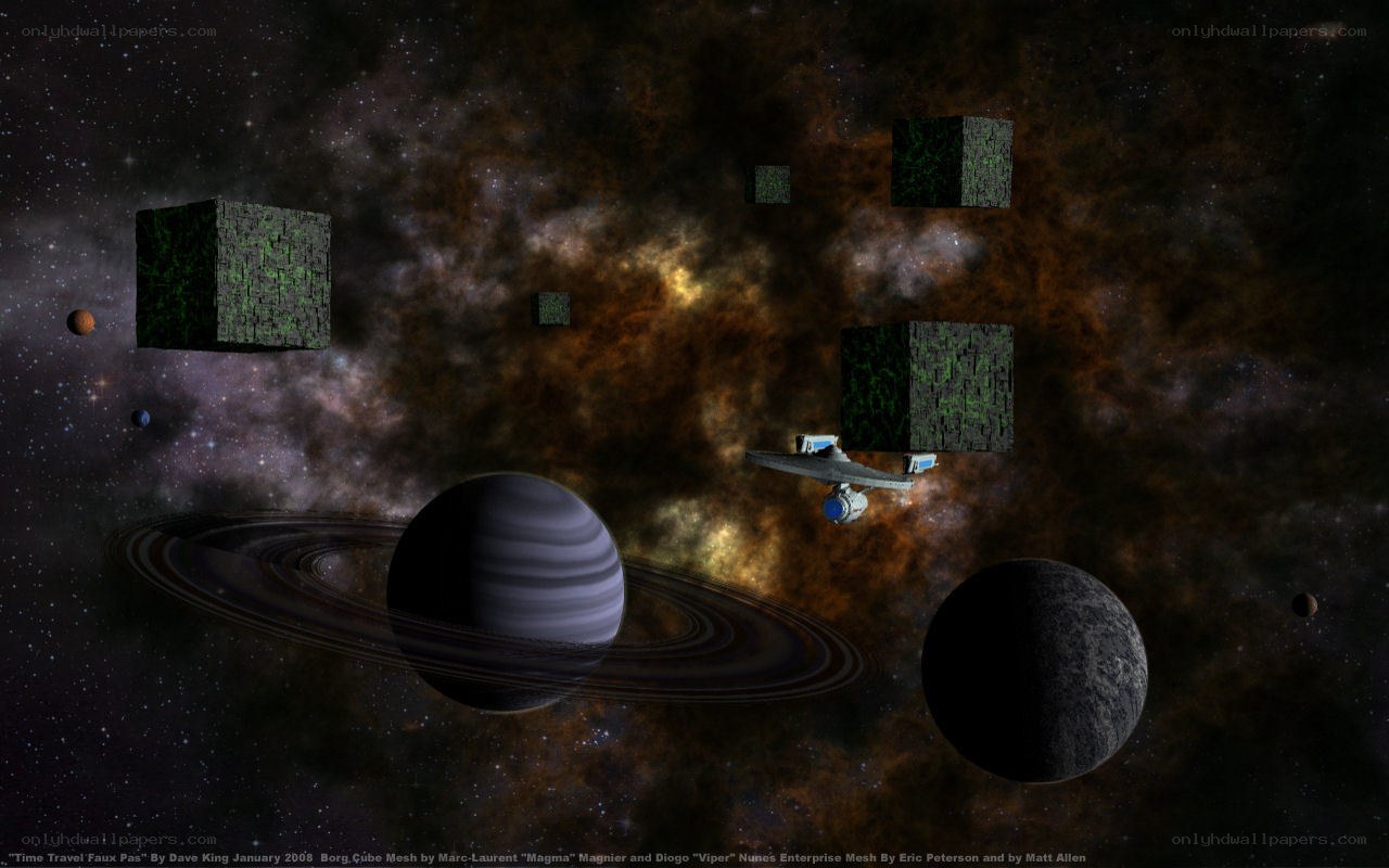 Space scene with ships and planets