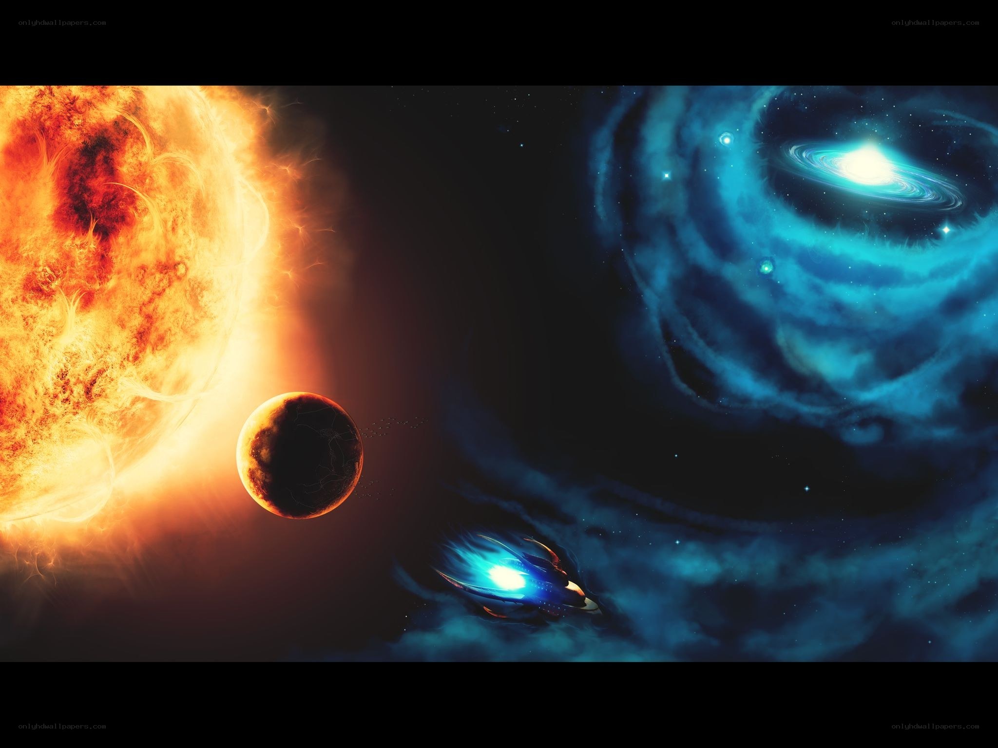 space scene with sun and galaxy