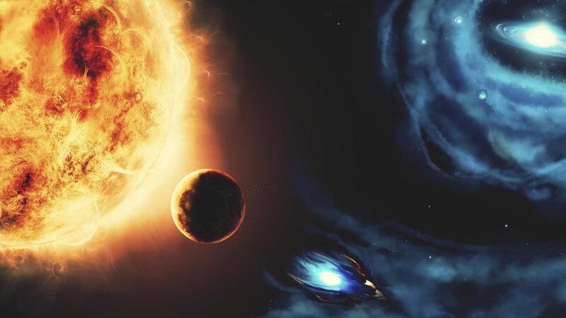 space scene with sun and planet