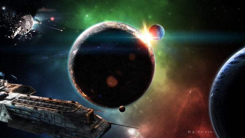 Space ship near alien planets
