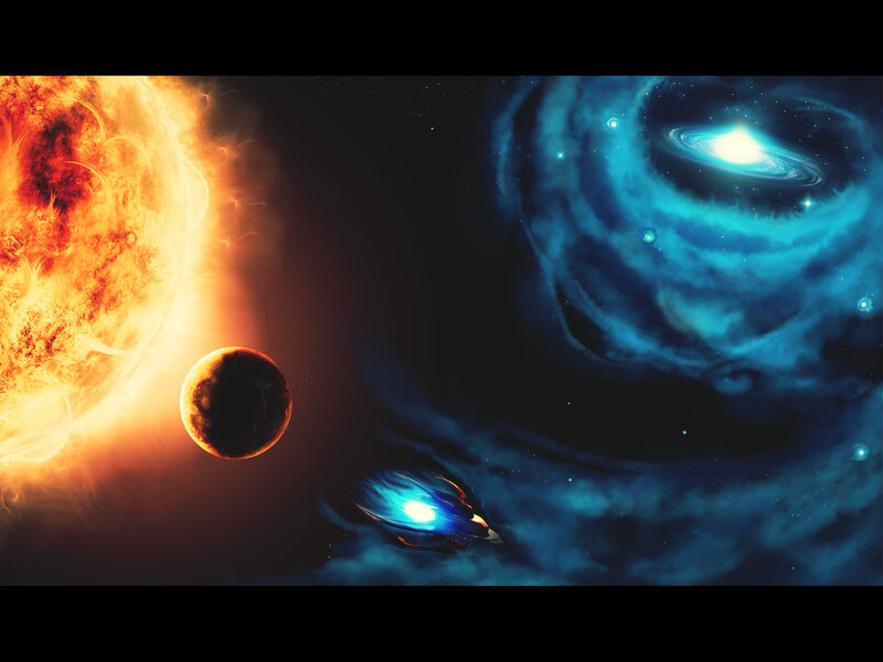 space ship near star and galaxy