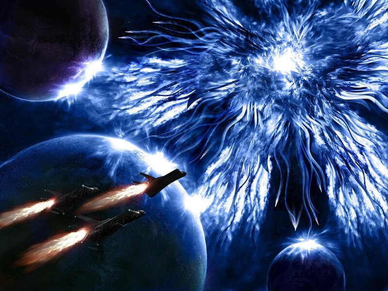 Space ships near a blue nebula