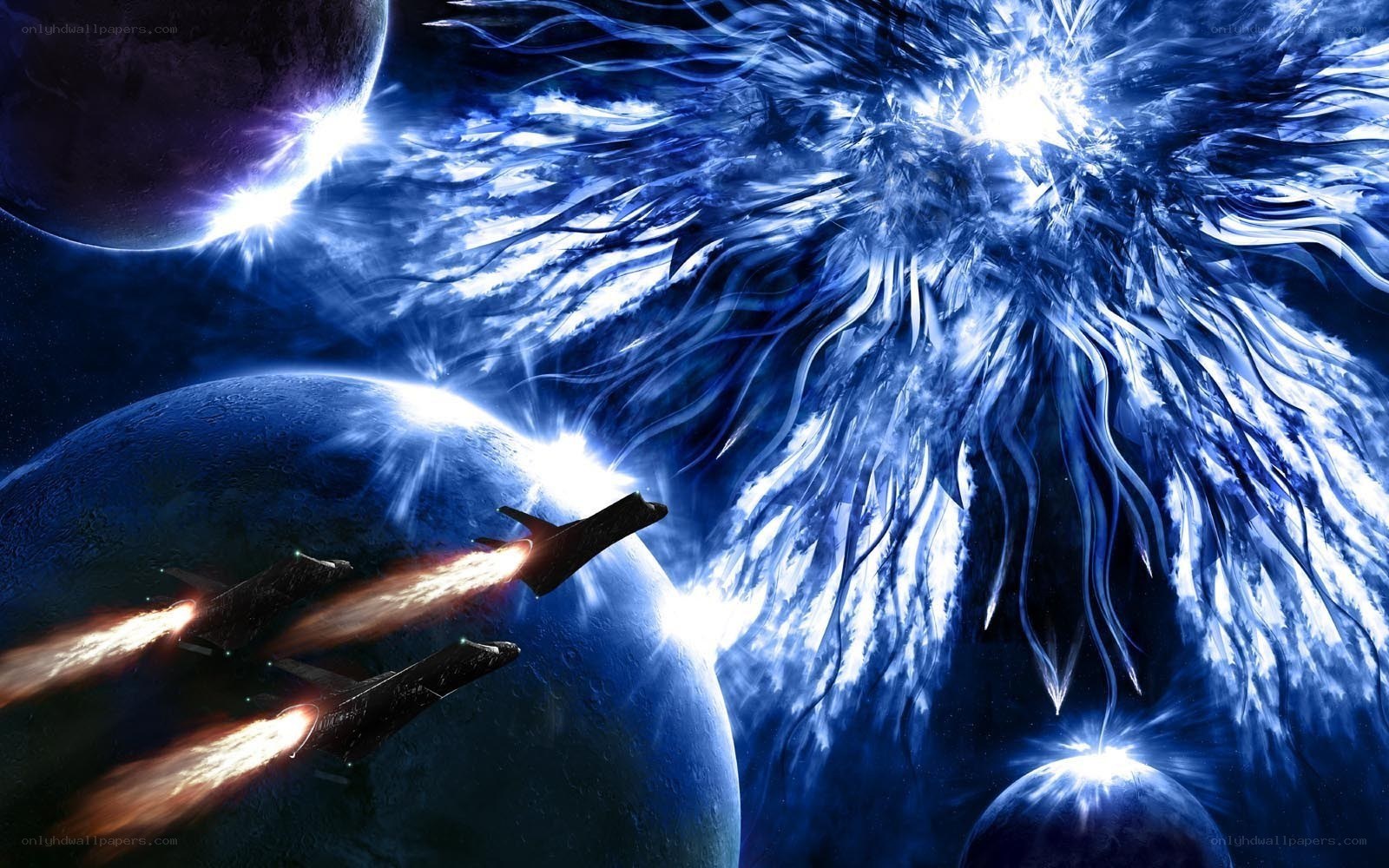 Space ships near blue nebula
