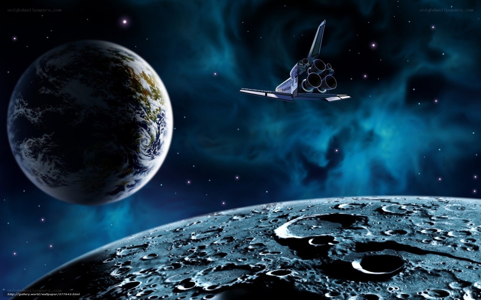 Space shuttle above Earth and Moon