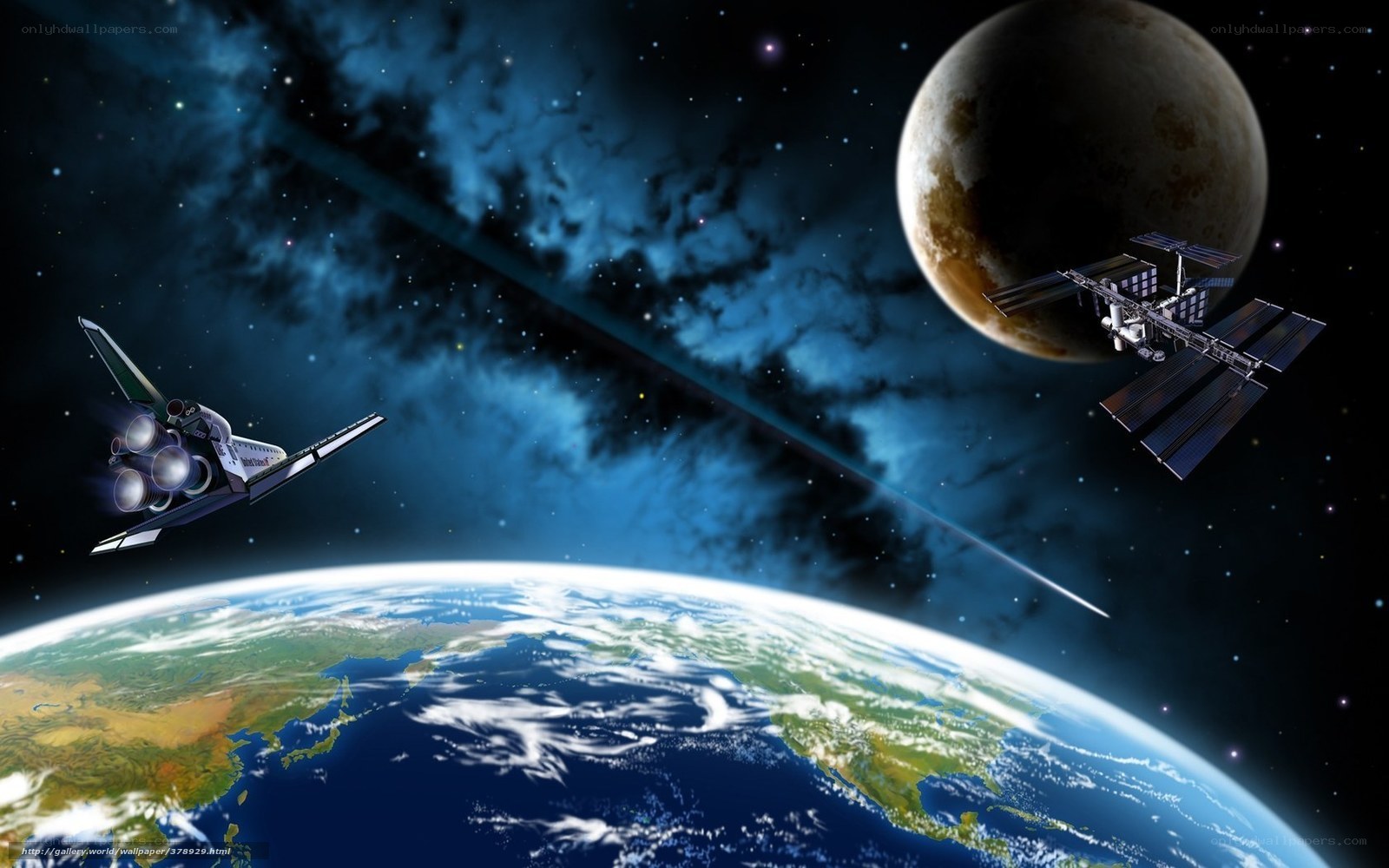 Space shuttle and satellite orbiting Earth