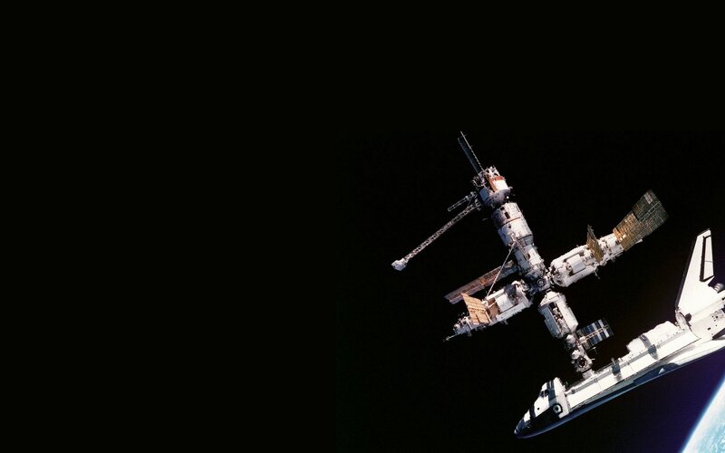 Space Shuttle and Space Station — Black, Dramatic, Photograph, Earth