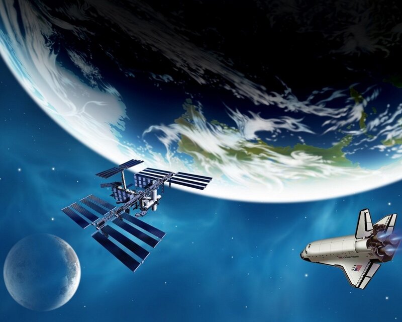 Space Shuttle and Space Station — Blue, Dramatic, Digital Art