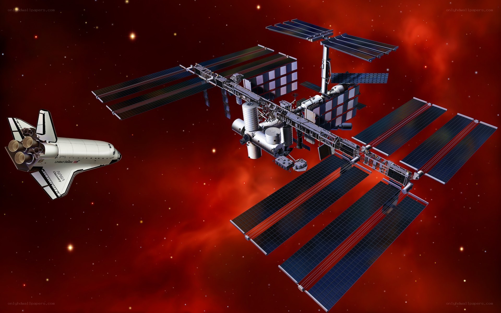 Space shuttle approaching space station