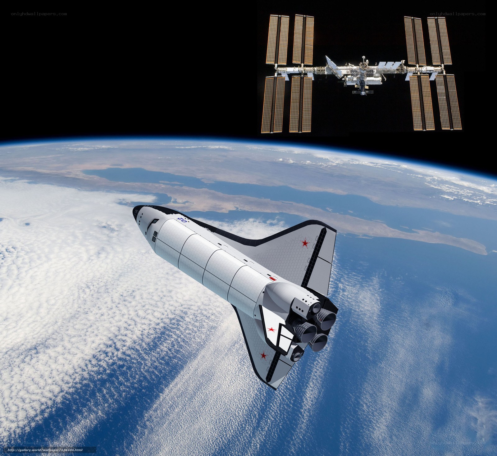 Space shuttle approaching space station