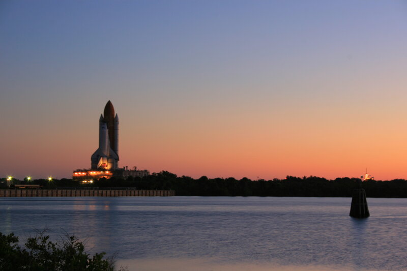 Space shuttle at sunset