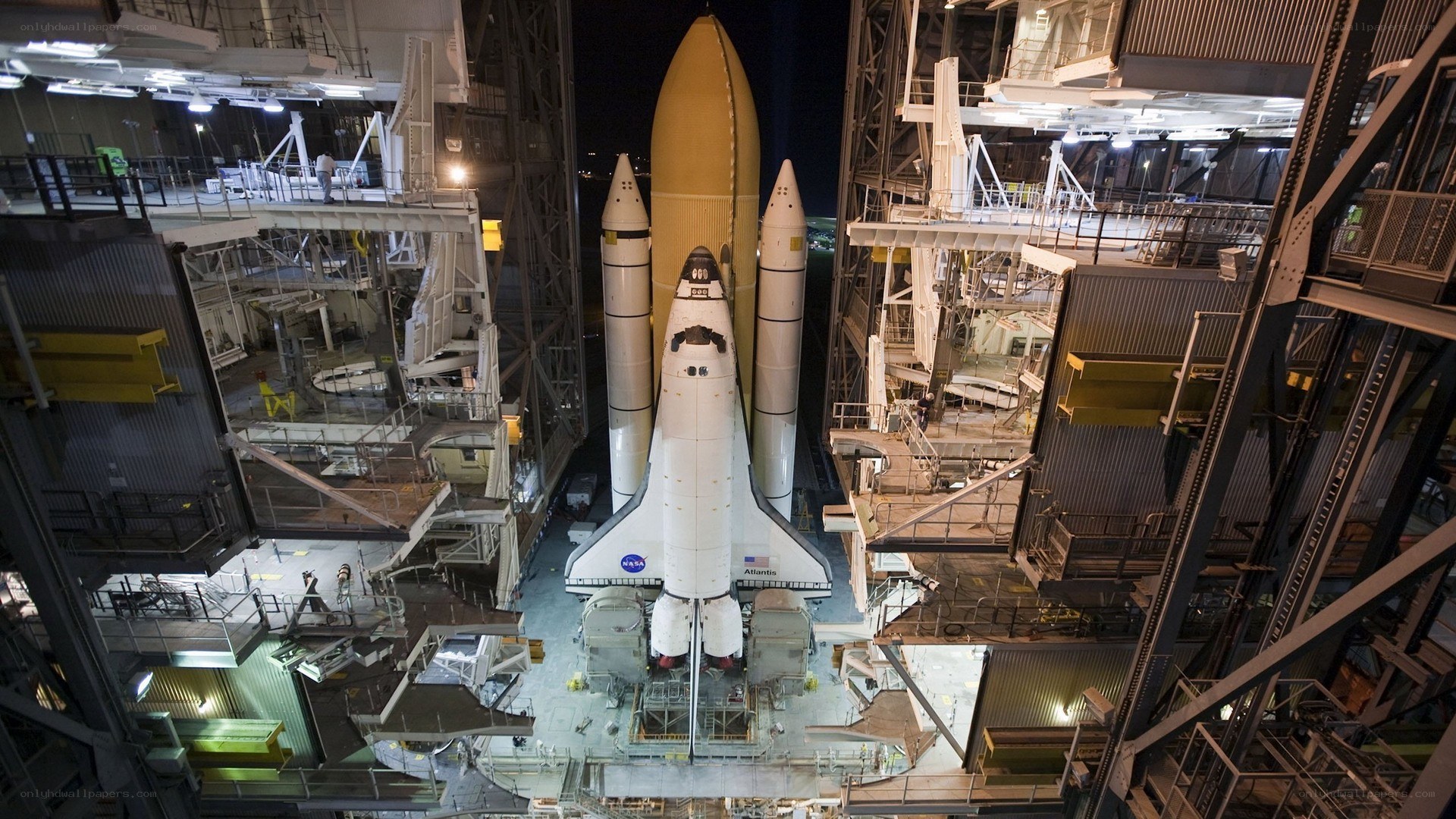 Space shuttle Atlantis on launch pad