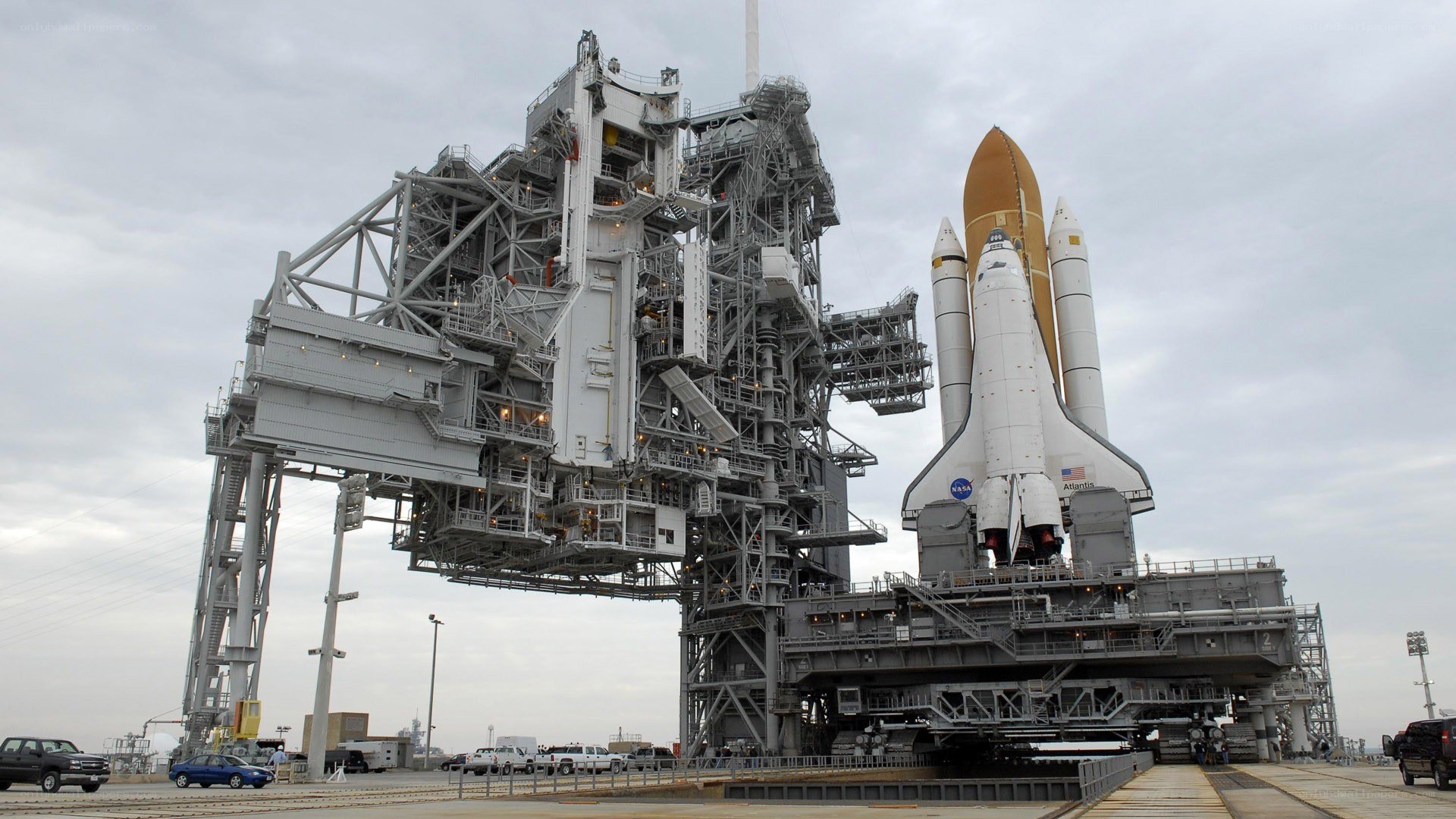 Space shuttle Atlantis on launch pad
