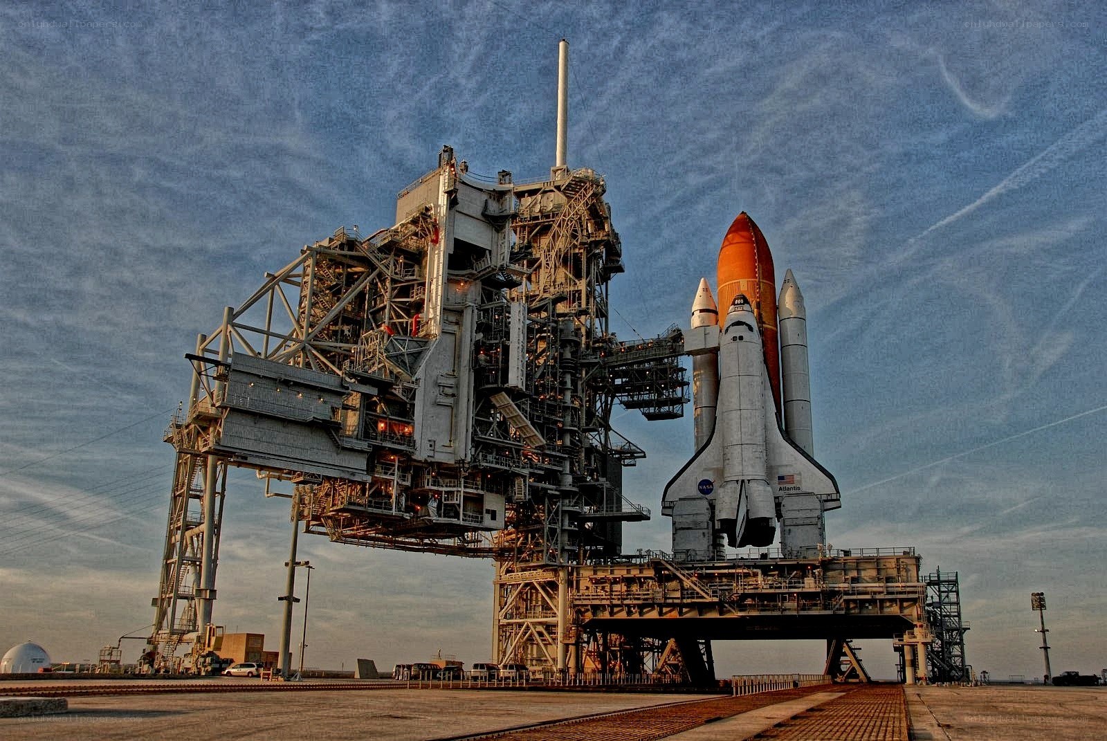 Space shuttle Atlantis on launch pad