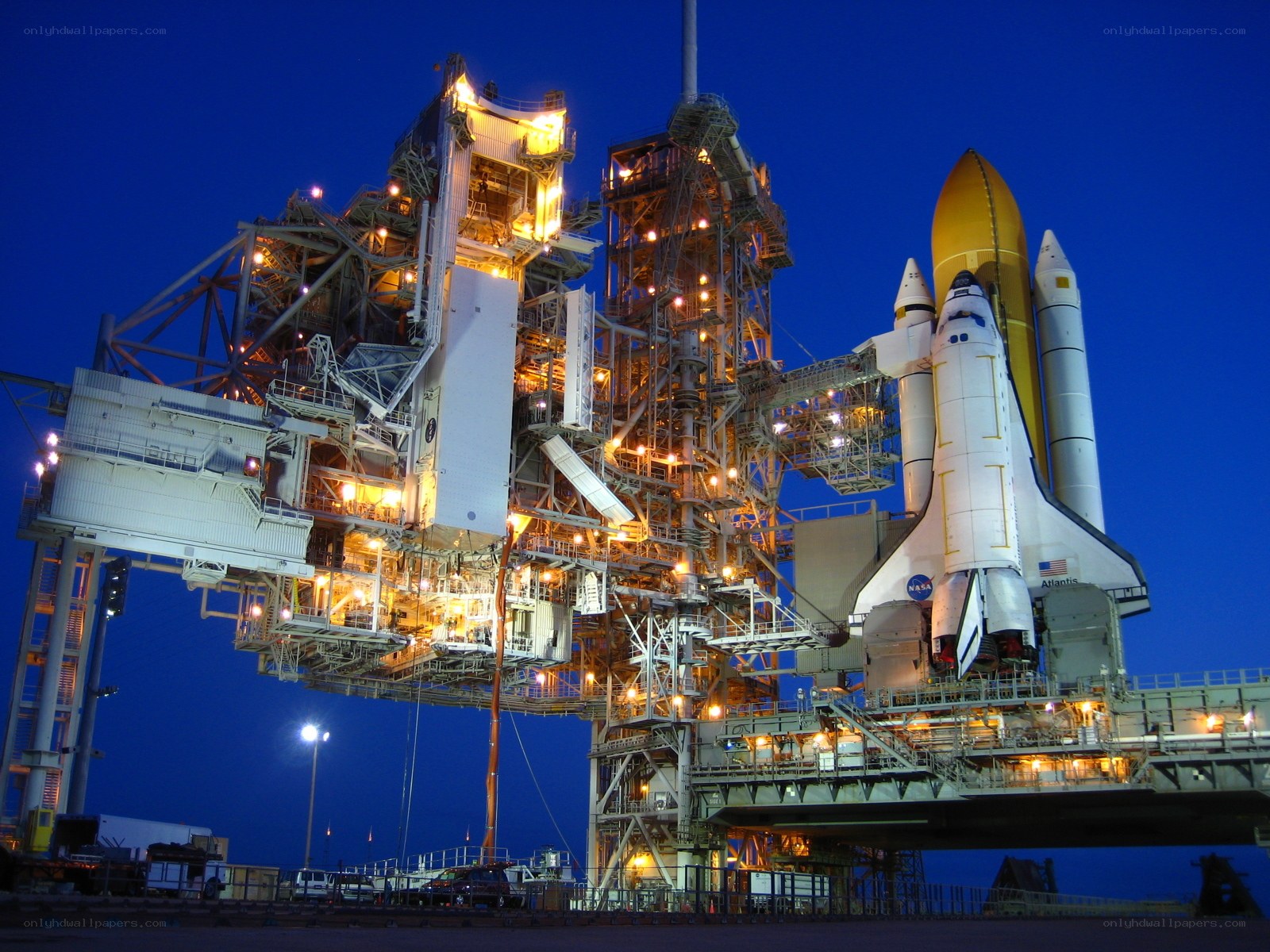 Space shuttle Atlantis on launch pad