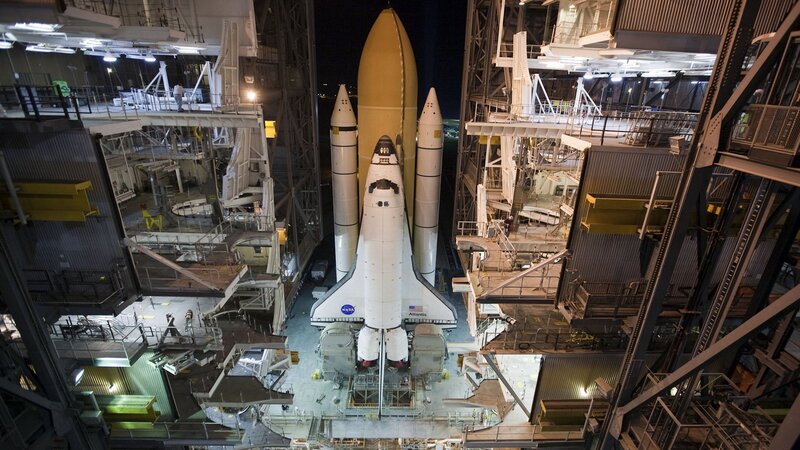 Space Shuttle Atlantis — White, Dramatic, Night, Photograph, Rocket, Launch Pad