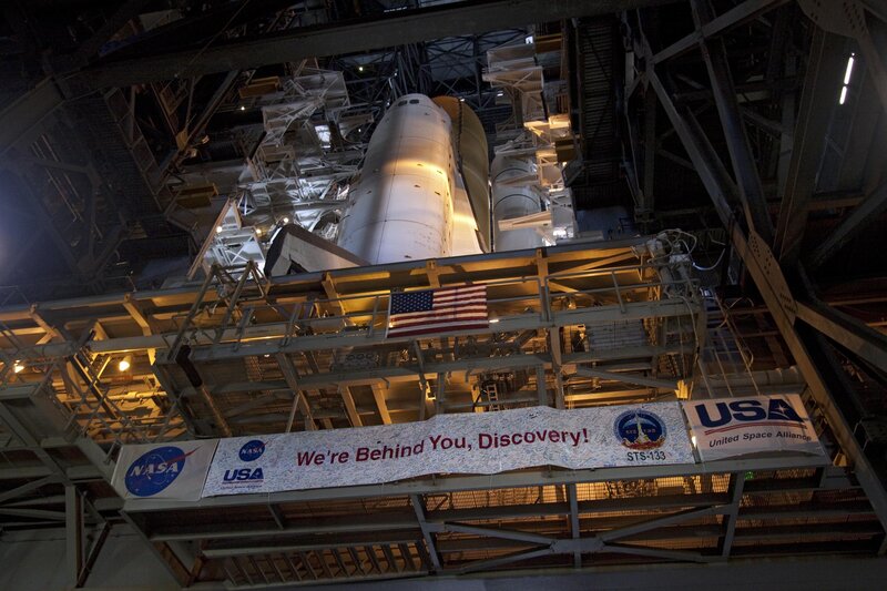 Space Shuttle Discovery — White, Dramatic, Night, Photograph, American Flag