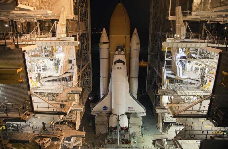 Space Shuttle Discovery — White, Dramatic, Night, Photograph