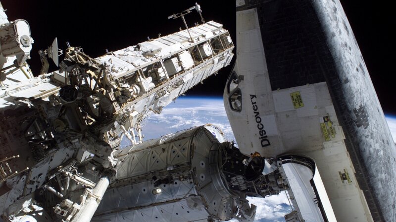 Space Shuttle Discovery — White, Dramatic, Photograph, International Space Station