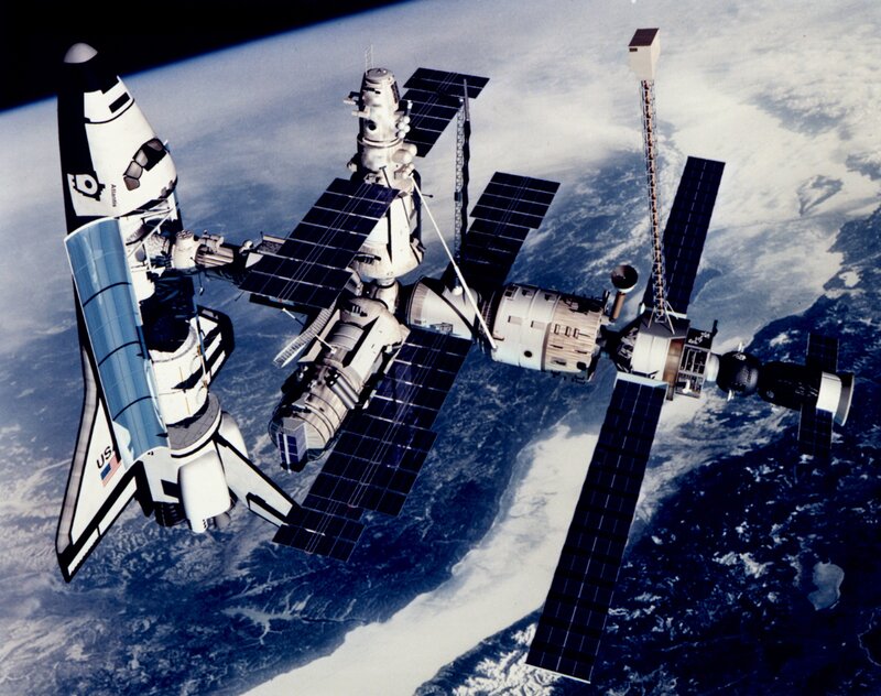 Space shuttle docked with space station