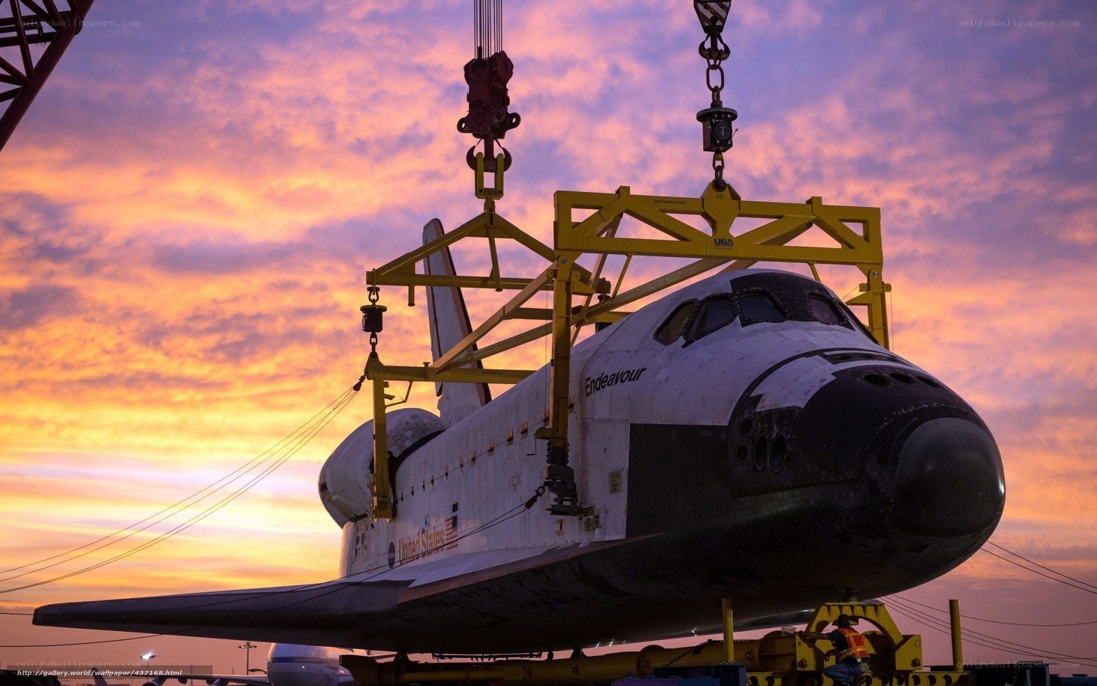 Space shuttle Endeavour being lifted
