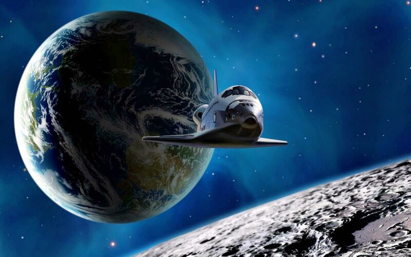 Space Shuttle in Orbit — Blue, Dramatic, Digital Art, Earth
