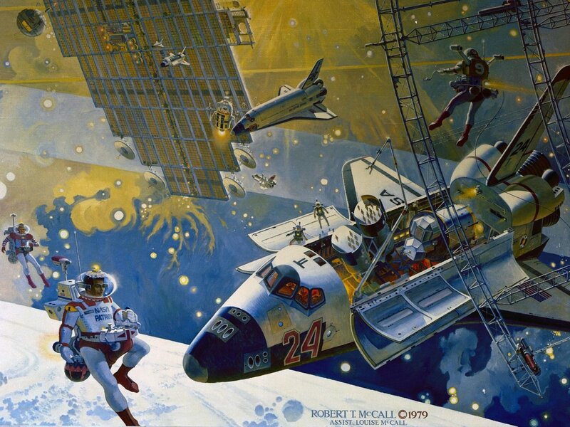 Space Shuttle in Orbit — Blue, Dramatic, Illustration, Astronauts