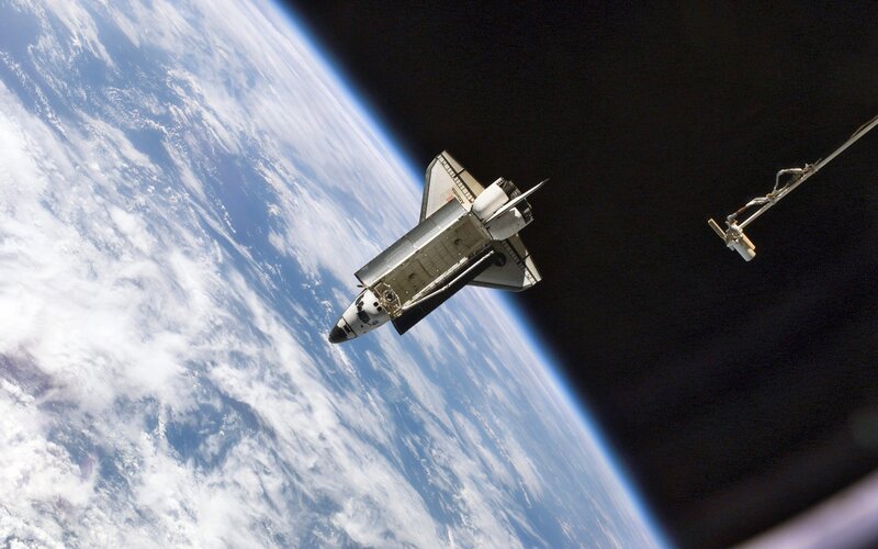 Space Shuttle in Orbit — Blue, Dramatic, Photograph, Earth, Space Station