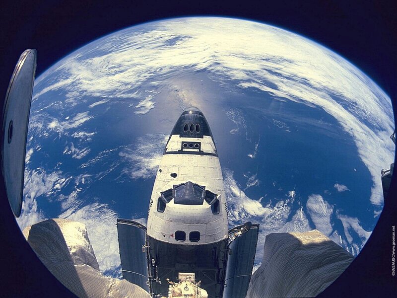 Space Shuttle in Orbit — Blue, Dramatic, Photograph, Earth, Spacecraft, Clouds