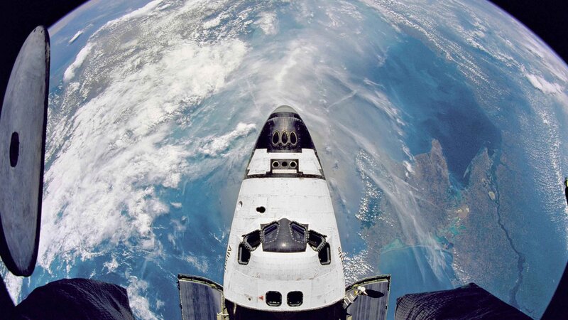 Space Shuttle in Orbit — Blue, Serene, Photograph, Earth, Clouds, Ocean