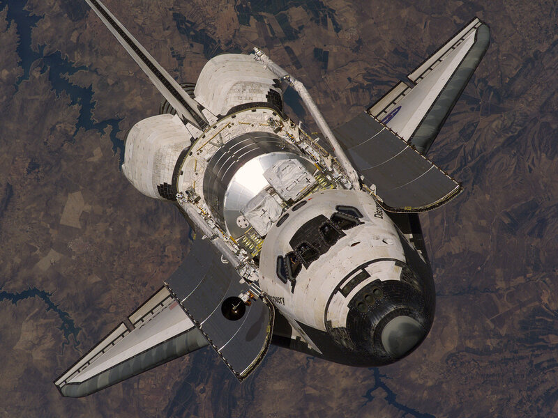 Space Shuttle in Orbit — White, Dramatic, Photograph, Earth, Spacecraft, Payload Bay