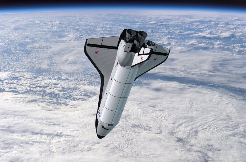 Space Shuttle in Orbit — White, Serene, 3d Render, Earth, Clouds, Blue