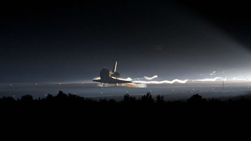 Space Shuttle Landing — Black, Dramatic, Night, Photograph, Runway, Flames, Silhouette